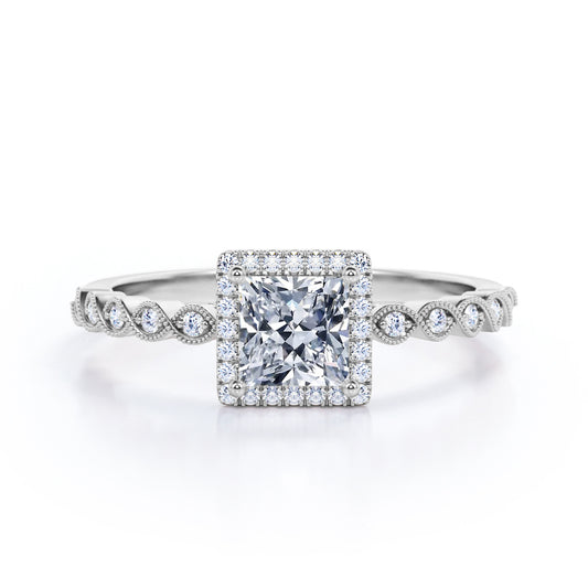 Princess Halo 1.35 carat square cut Moissanite and diamond vintage engagement ring in White gold