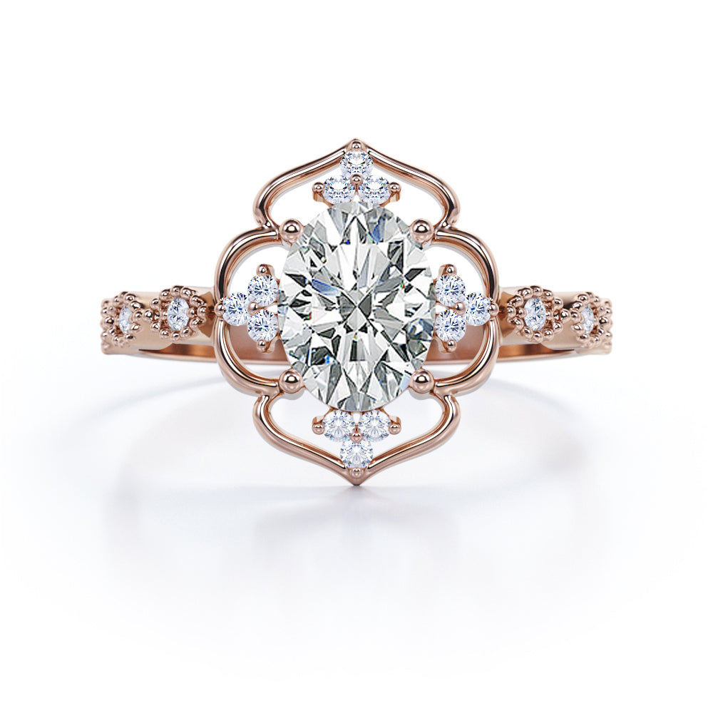 Floral halo 1.25 carat Oval cut Moissanite and diamond intricate engagement ring in Rose gold