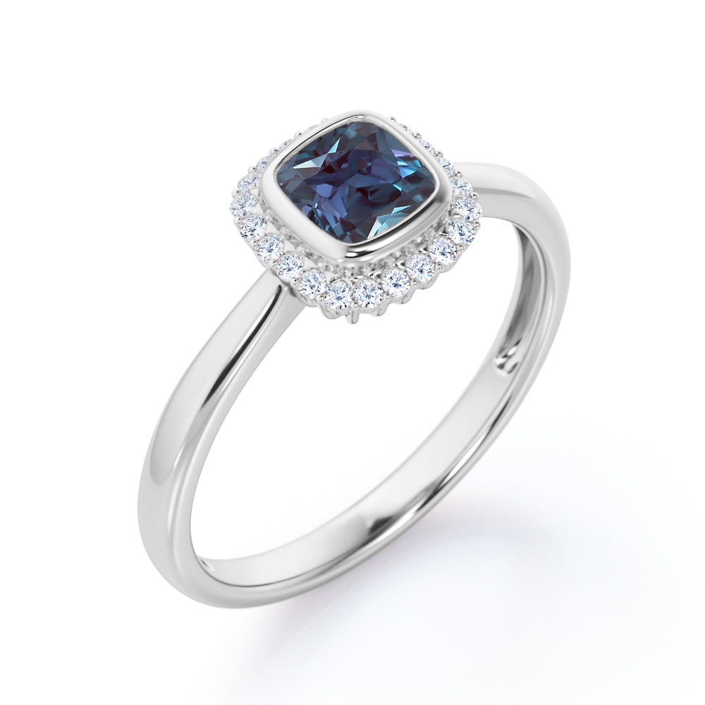 Vintage Floral 1.25 carat Cushion cut Lab made Alexandrite and diamond halo style engagement ring in White gold