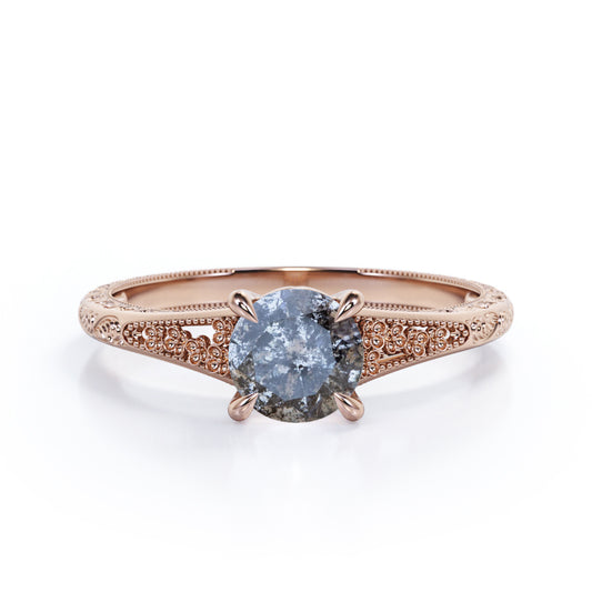 Floral Split Shank 0.5 carat Round cut Salt and pepper diamond earthy engagement ring in Rose gold