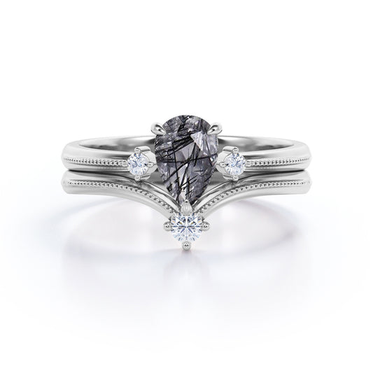 Intricate 1.1 carat tear drop Genuine Black Rutilated quartz and 3 stone diamond Milgrain wedding ring set in White gold