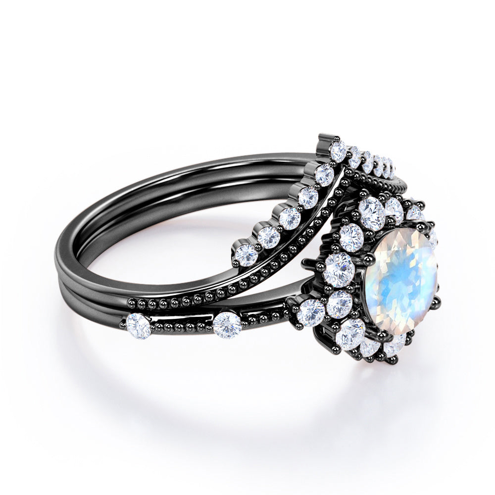 Crowned Milgrain 1.7 carat Round cut Moonstone and diamond vintage art deco wedding ring set in Black gold