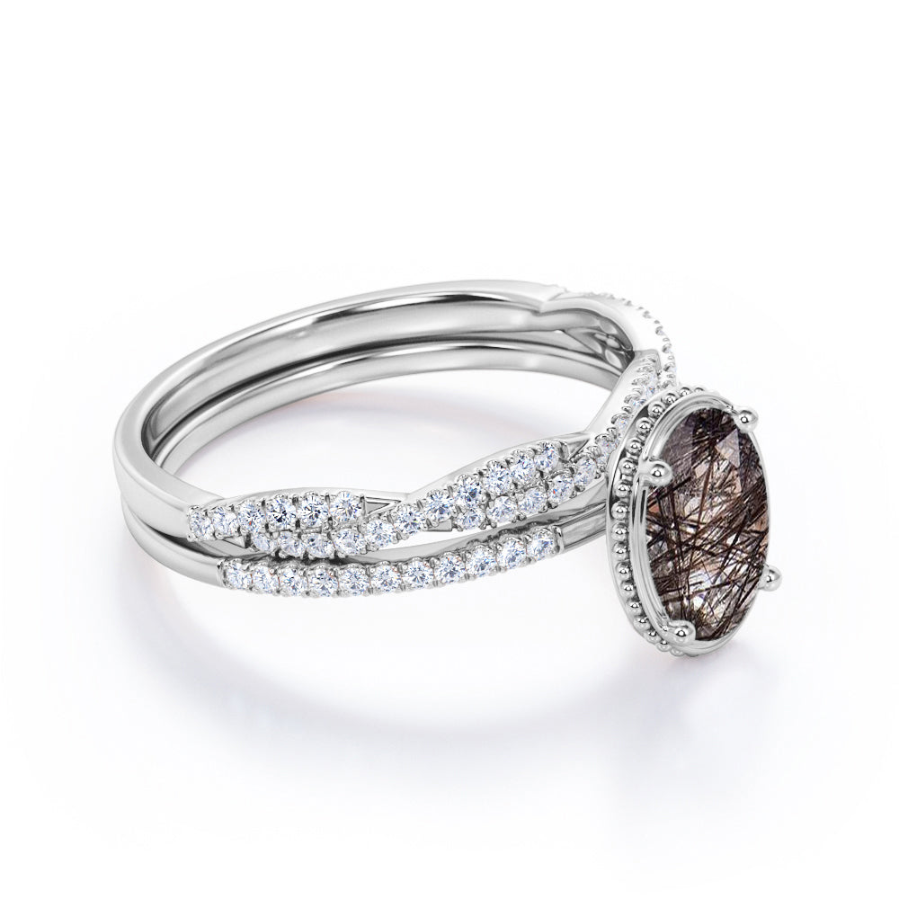 Petite pave setting 1.75 carat Oval cut Black Brown Rutilated Quartz and diamond halo infinity wedding ring set in White gold