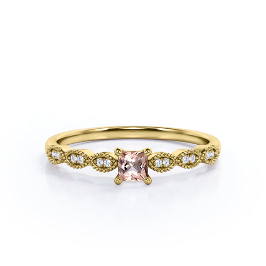 Antique beaded 0.75 carat Princess cut Morganite and diamond claw prong engagement ring in Yellow gold