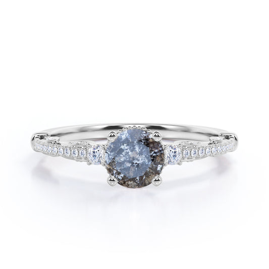 0.8 carat Round cut Salt and pepper diamond and White diamond-art deco-pave set engagement ring in White gold