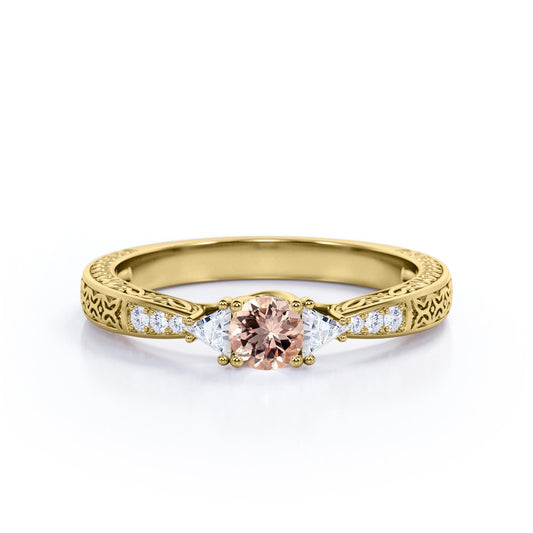 Trillion 0.75 carat Round cut Peach Morganite and diamond vintage baguette engagement ring in Yellow gold