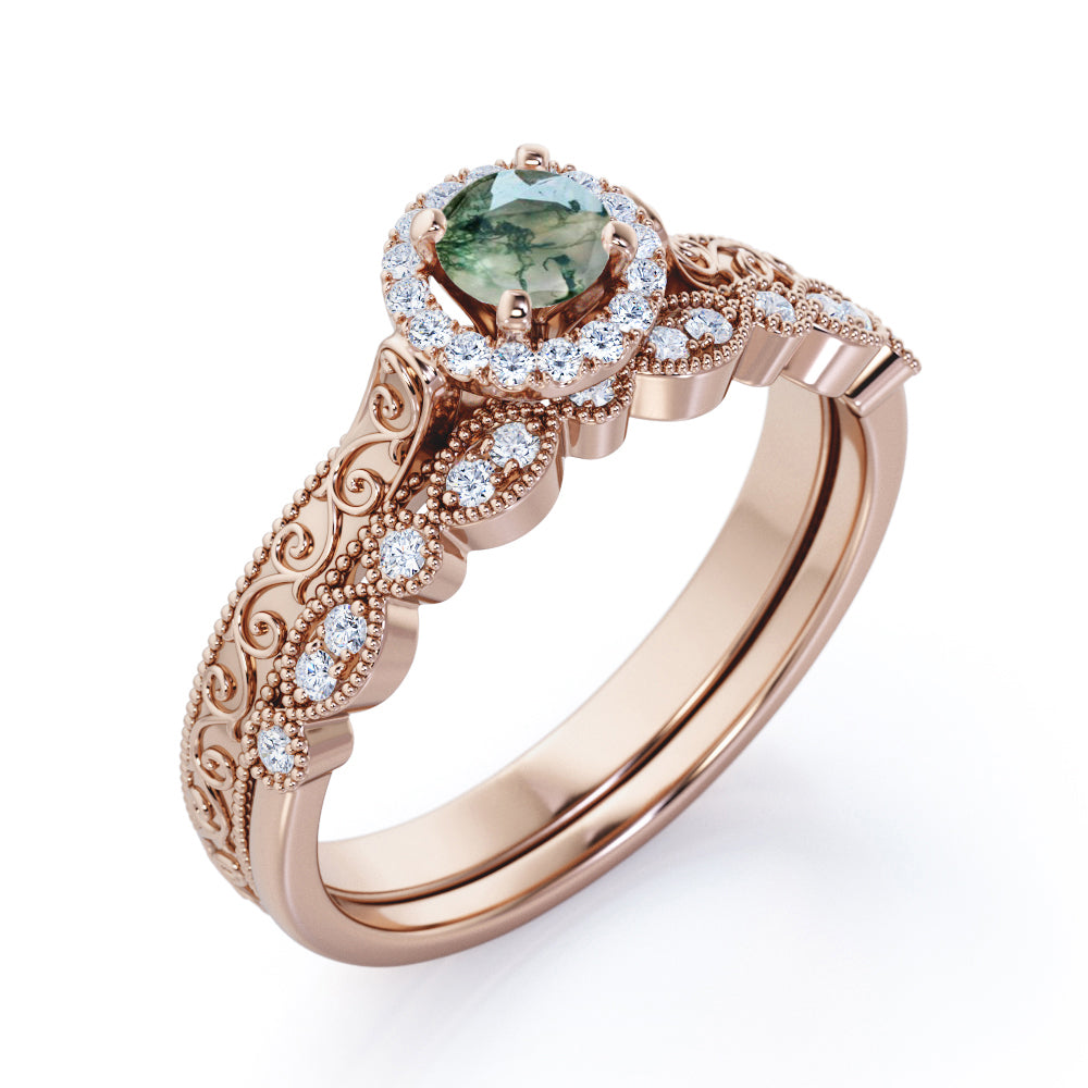 Authentic Filigree and Milgrain 0.9 carat Round cut Moss Green Agate and diamond wedding ring set in Rose gold