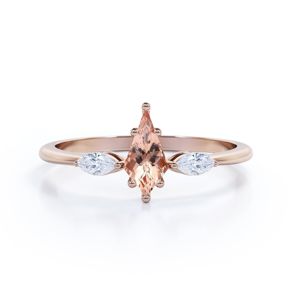 Minimal trilogy 1.1 carat Kite shaped Peach Pink Morganite and diamond engagement ring for women in Rose gold