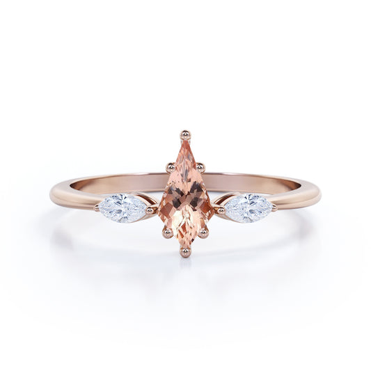 Minimal trilogy 1.1 carat Kite shaped Peach Pink Morganite and diamond engagement ring for women in Rose gold