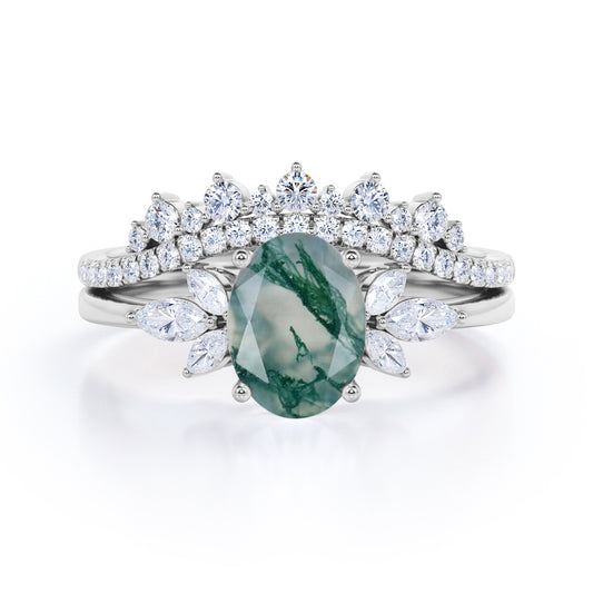 Authentic Royal Crown inspired 1.5 carat Oval cut Moss Green Agate and diamond contoured chevron Bridal set for her in White gold