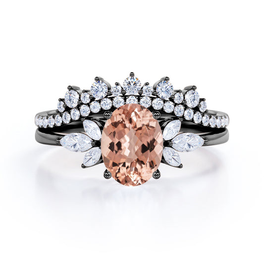 Vintage Floral 1.5 carat Oval Shaped Morganite and diamond Seven stone Contoured wedding ring set in Black gold