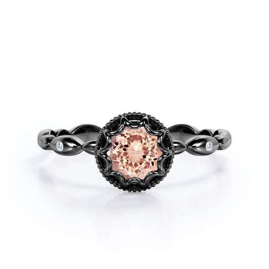 Floral Halo 1 carat Round cut Morganite and diamond scalloped Milgrain engagement ring in Black gold
