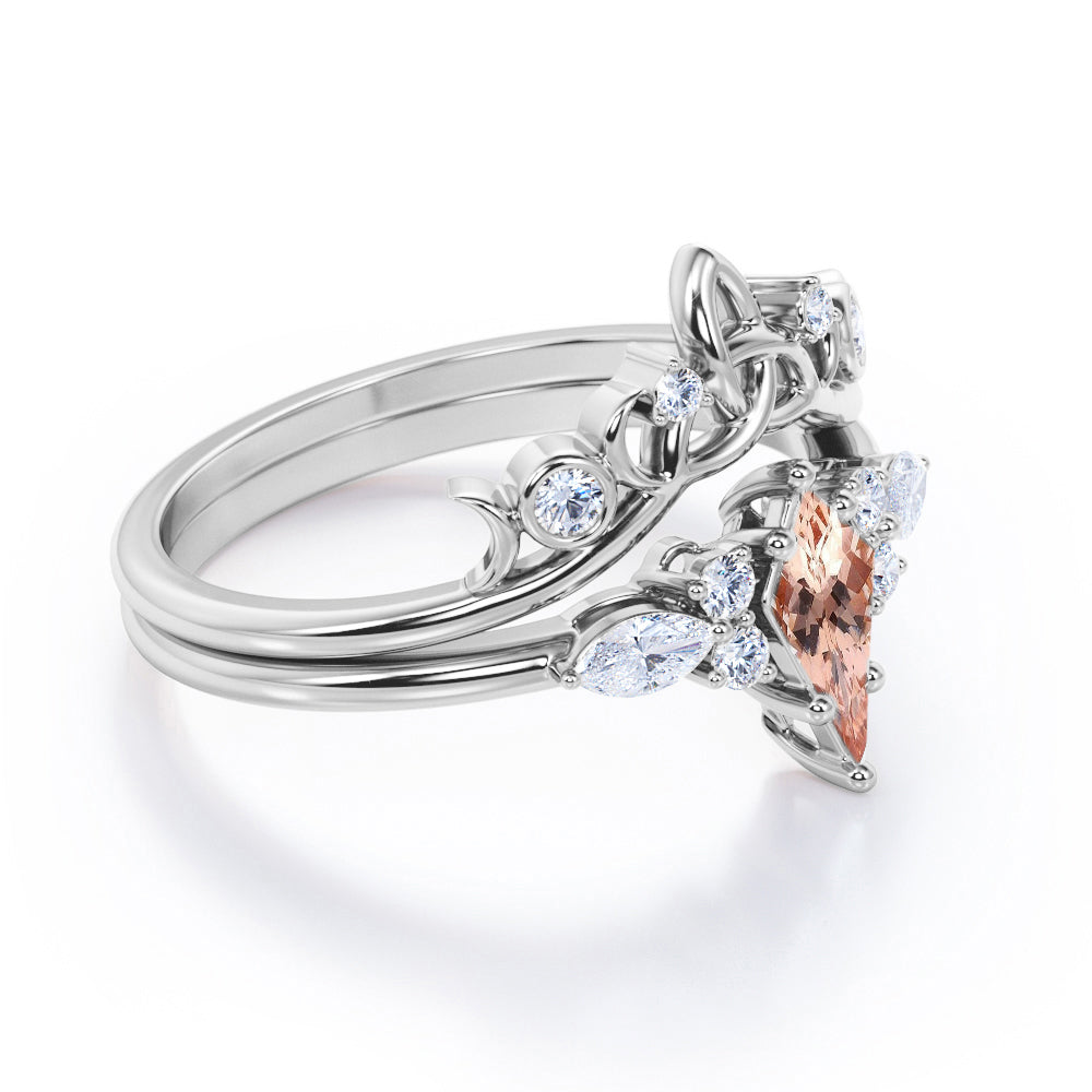 Triad Crown style 1.25 carat Kite shaped Morganite and diamond 6 prong setting wedding ring set in White gold