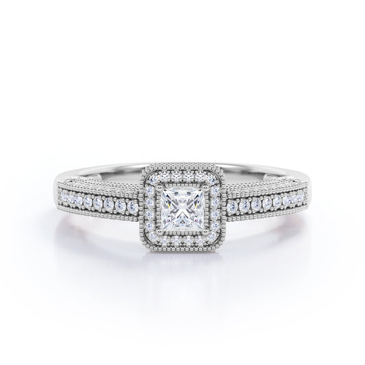 Classic Beaded 1 carat Princess cut Moissanite and diamond vintage style engagement ring in White gold
