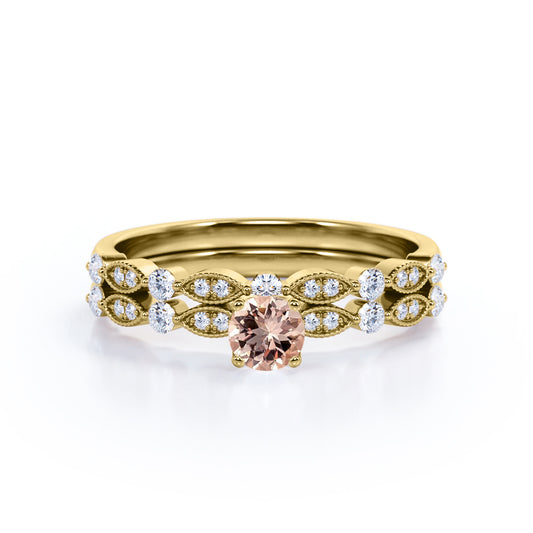 Vintage Antique Design 0.8 carat Round cut Pink Morganite and diamond bridal set for women in Yellow gold