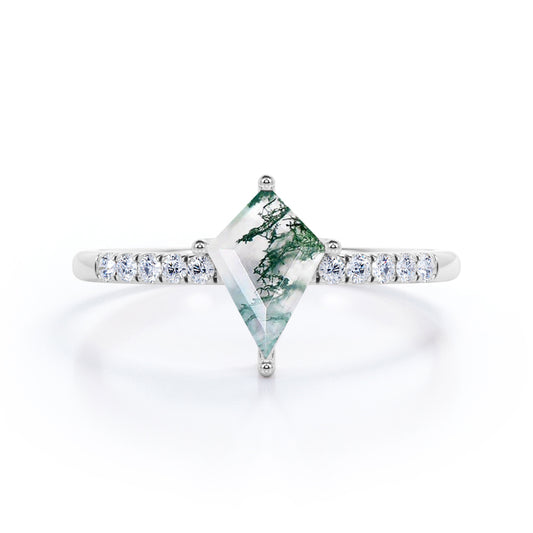 Classic Pave 1.2 carat Kite shaped Moss Green Agate and diamond 4 prong engagement ring in White gold