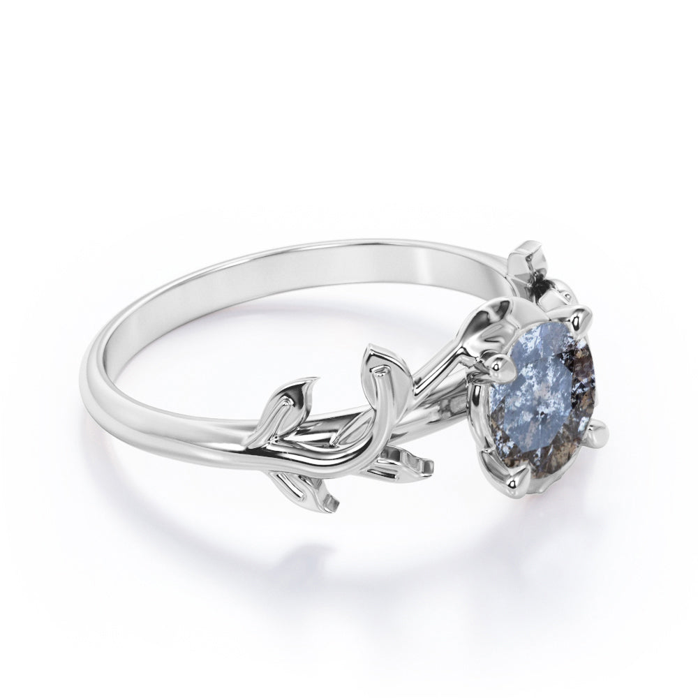 Floral Branchlet 0.5 carat Round cut Salt and pepper diamond nature inspired engagement ring in White gold