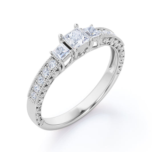 Vintage inspired trilogy 0.75 carat Princess cut Moissanite and diamond art nouveau engagement ring in White gold