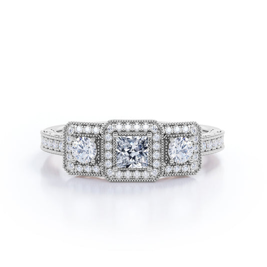 Triple stone Square Halo 1.3 carat Princess cut diamond Engagement ring filigree basket set in Gold