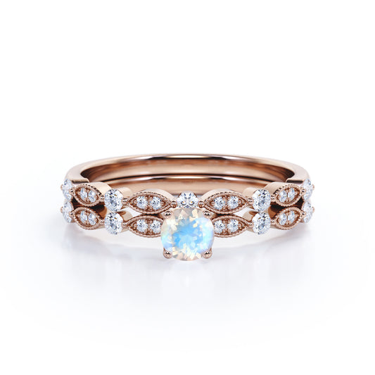 Classic Milgrain Bead style 0.85 carat Round cut Rainbow Moonstone and diamond engagement ring in Rose gold