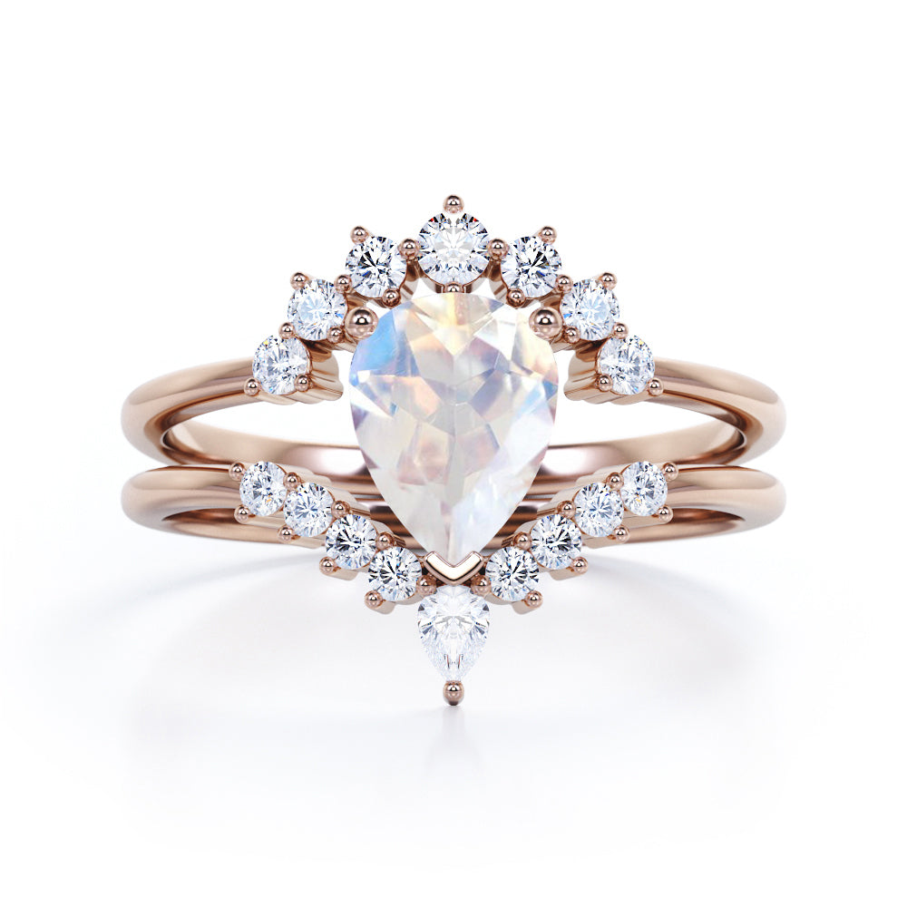 Artisan 1.45 carat Brilliant Pear Blue Moonstone and diamond contoured wedding ring set for women in Rose gold