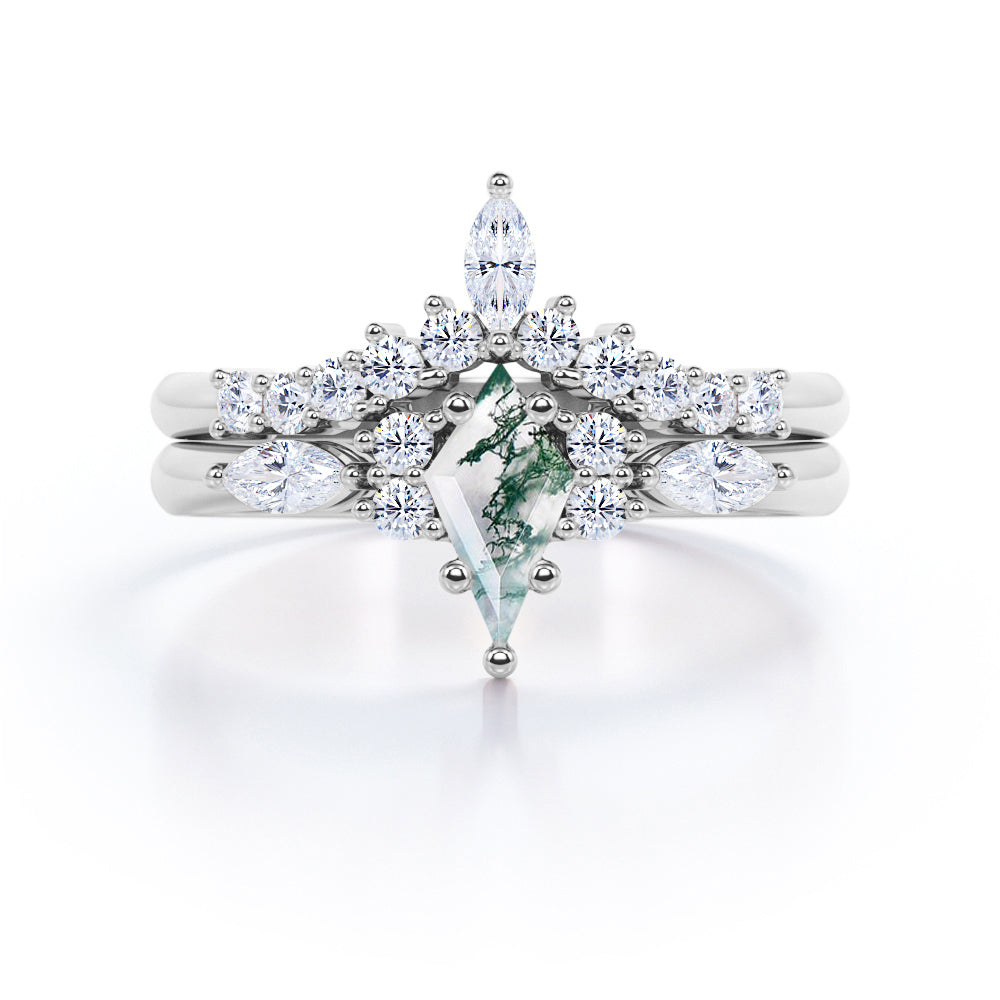 1.3 carat Kite Shaped Moss Green Agate and diamond chevron wedding ring set in White gold