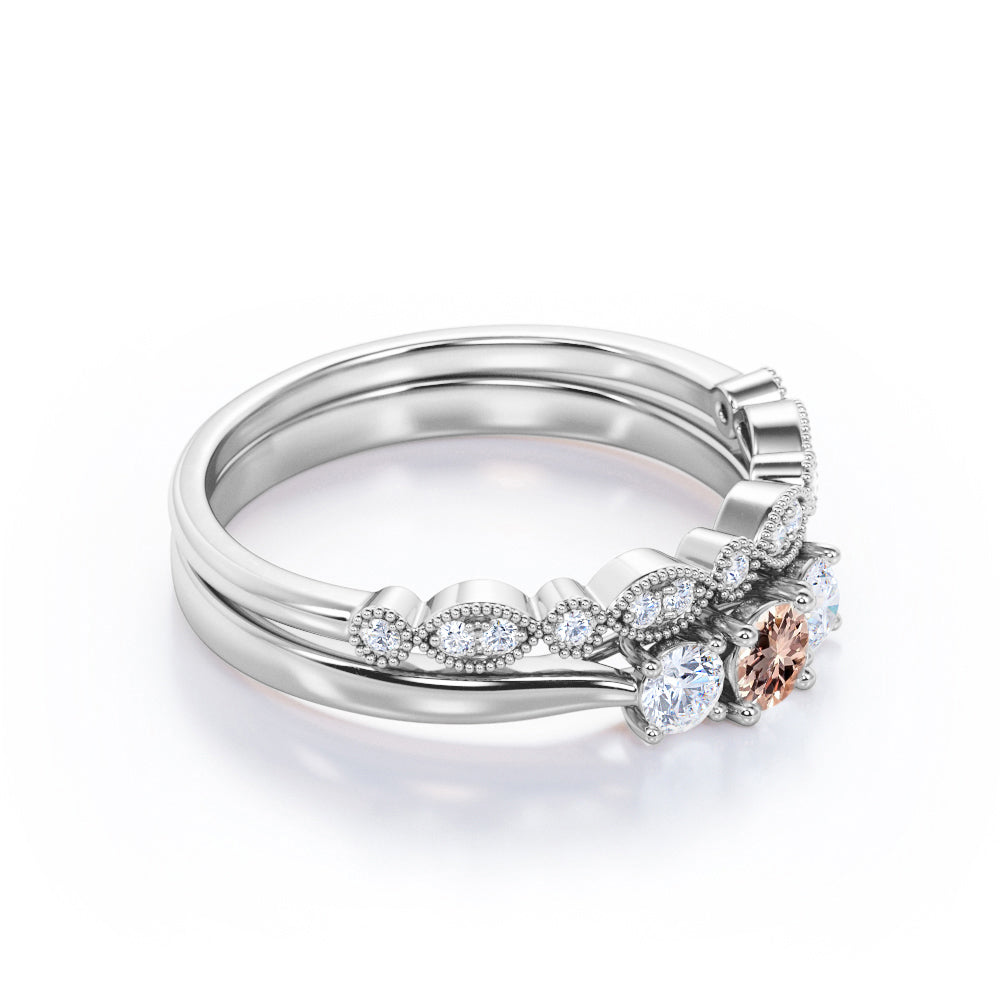 Antique Trilogy 0.8 carat Round cut Peach Pink Morganite and diamond Milgrain wedding ring set in White gold