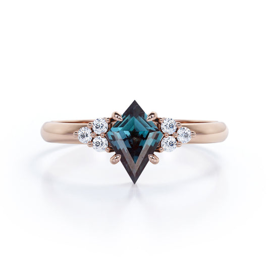 Eccentric Claw prong 1.1 carat Kite shaped Synthetic Alexandrite and diamond multistone engagement ring in Rose gold