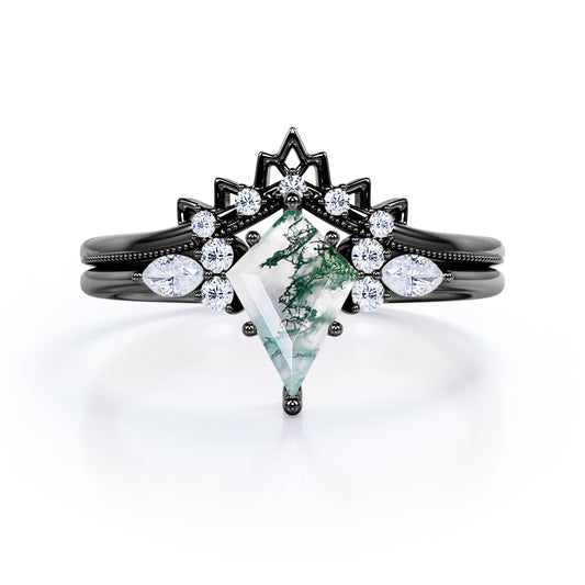 Antique Milgrain 1.15 carat Kite shaped Moss Green Agate and diamond chevron wedding ring set in Black gold