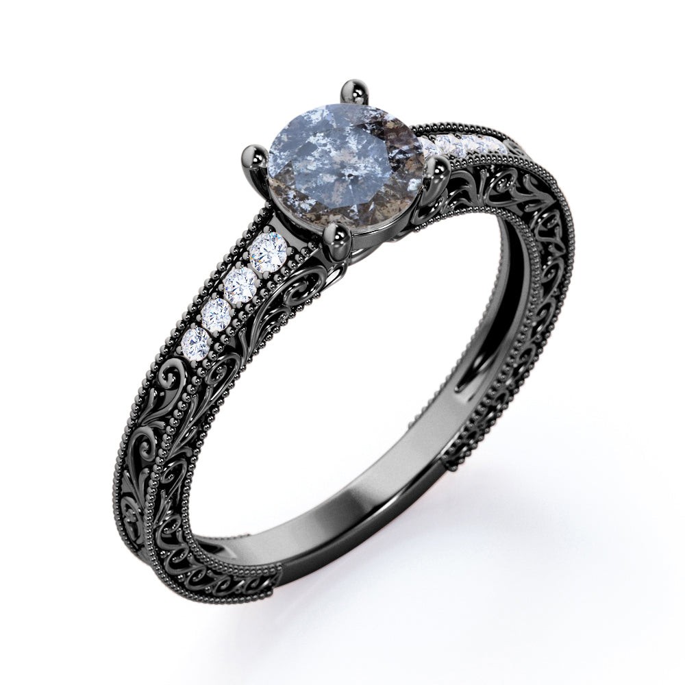 Milgrain and Filigree 0.7 carat Round cut Salt and pepper diamond and White diamond antique style engagement ring in Black gold