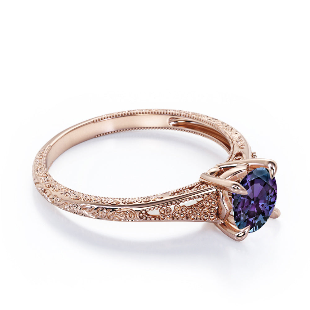 Floral Shank 1 carat Round cut Lab created Alexandrite solitaire engagement ring in Rose gold
