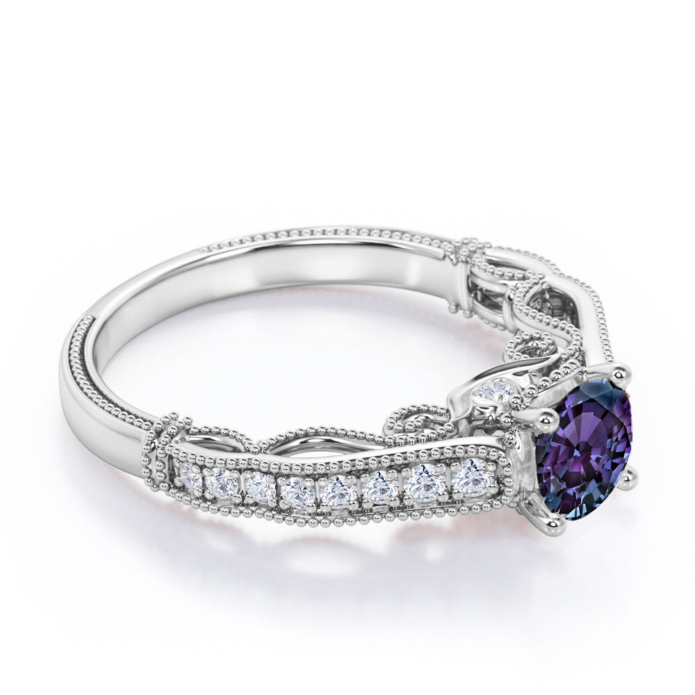 Vintage Freestyle 1.25 carat Round cut Lab created Alexandrite and diamond milgrain engagement ring in White gold