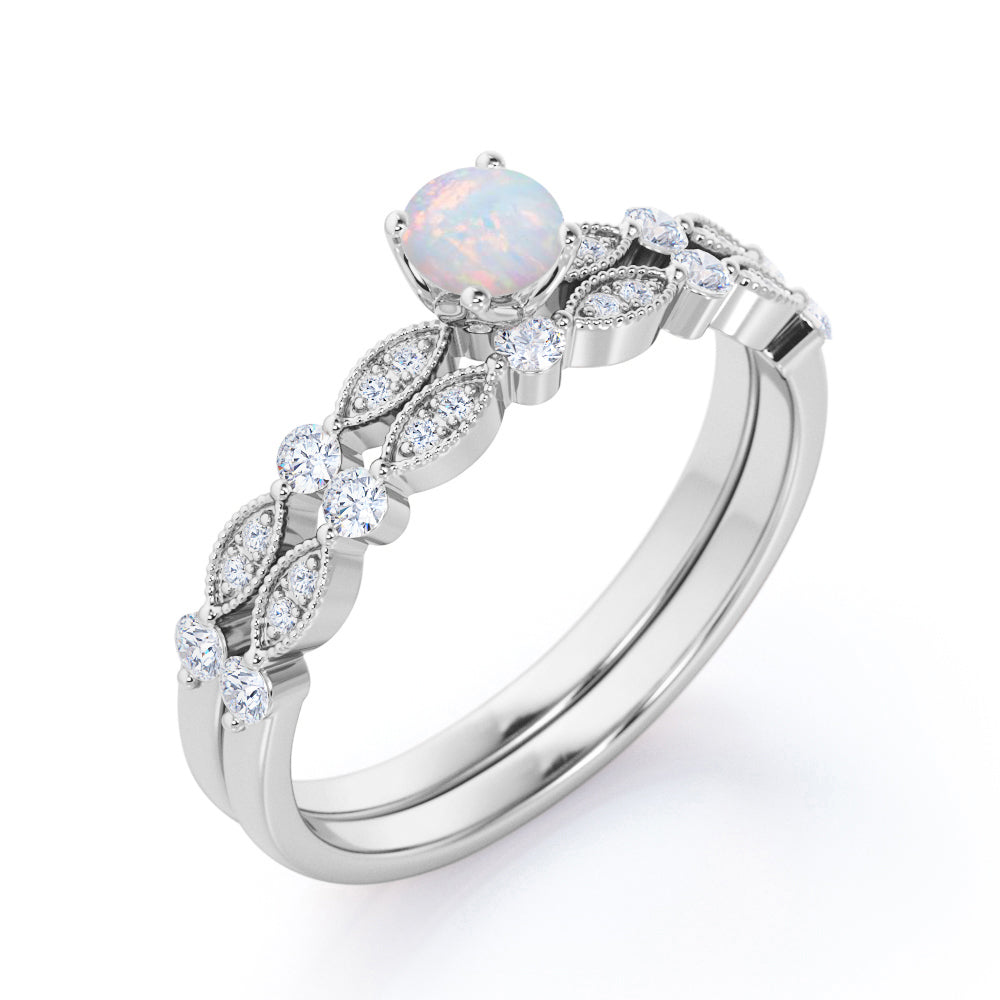 Magnificent Milgrain 1.25 carat Round cut Opal and diamond art deco wedding ring set for women in White gold