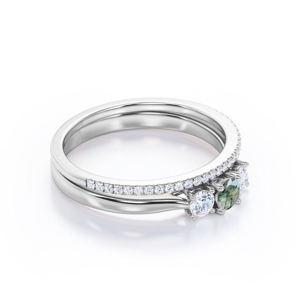 Classic trio style 0.75 carat Round cut Moss green Agate and diamond eternity wedding ring set for women in White gold
