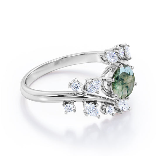 Floral Branch style 0.75 carat Round cut Moss Green Agate and diamond open style engagement ring in White gold