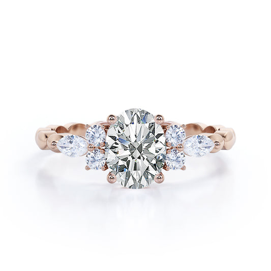 Exquisite Scalloped 1.1 carat Oval cut Moissanite diamond seven stone engagement ring in Rose gold