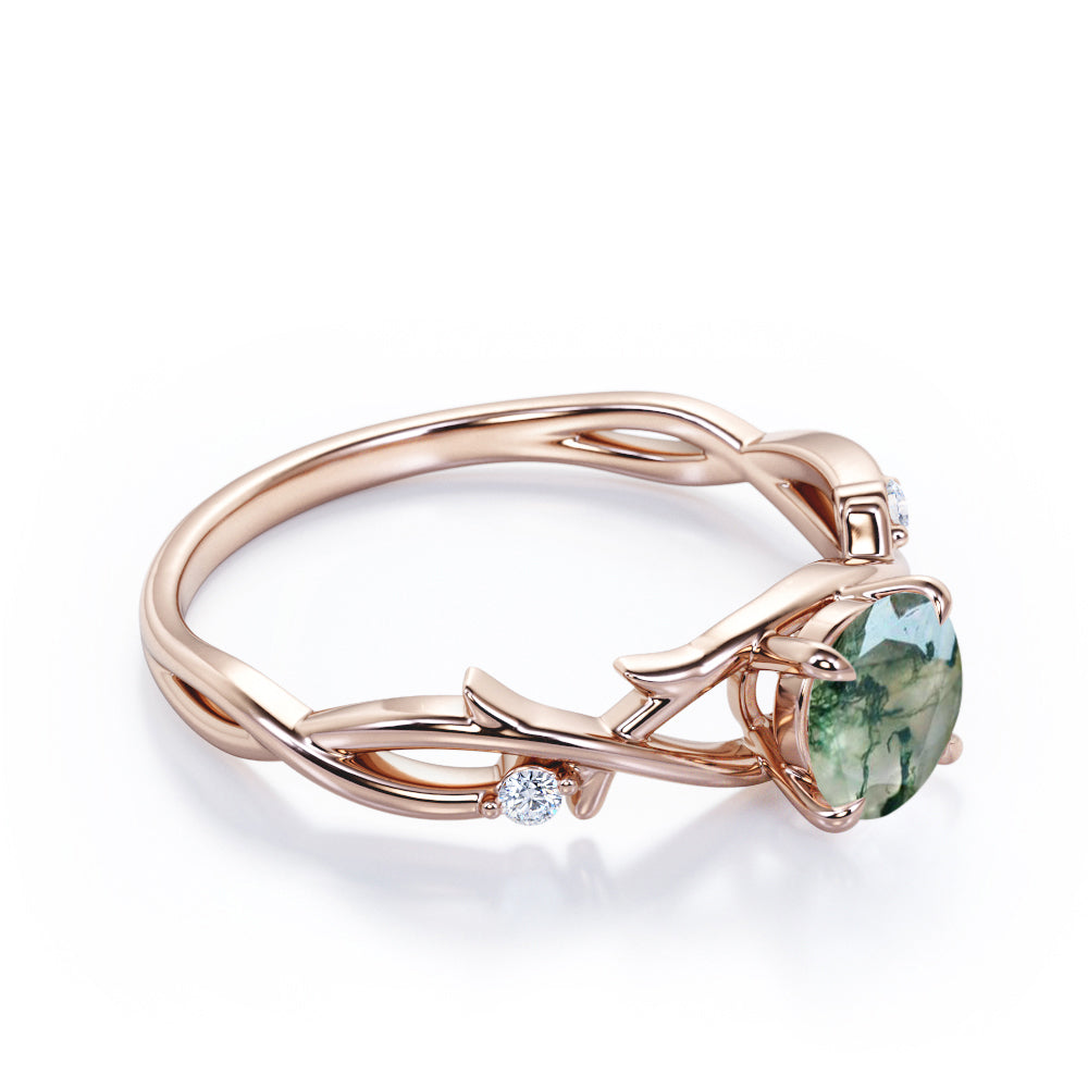 Nature inspired 1 carat Round cut Moss Green Agate and diamond claw prong setting engagement ring in Rose gold