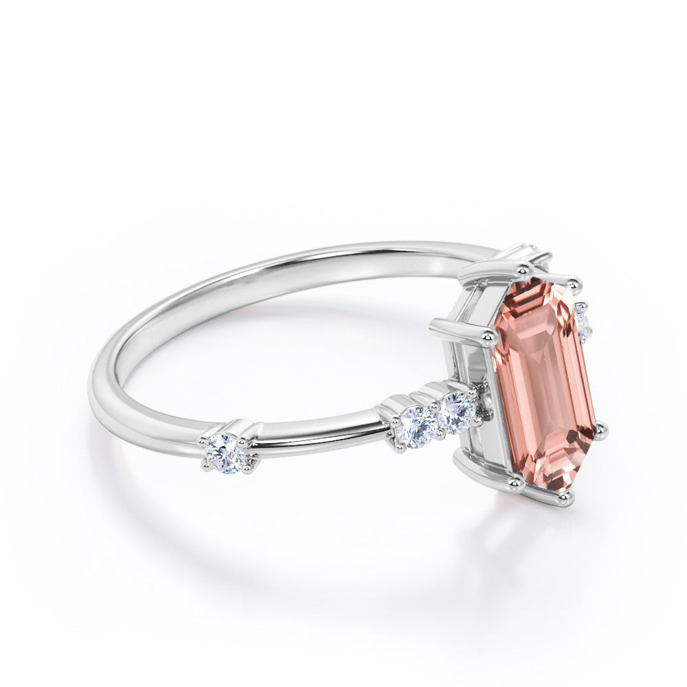 Twig style 1.1 carat Hexagon cut Morganite and diamond 6 prong setting engagement ring in White gold