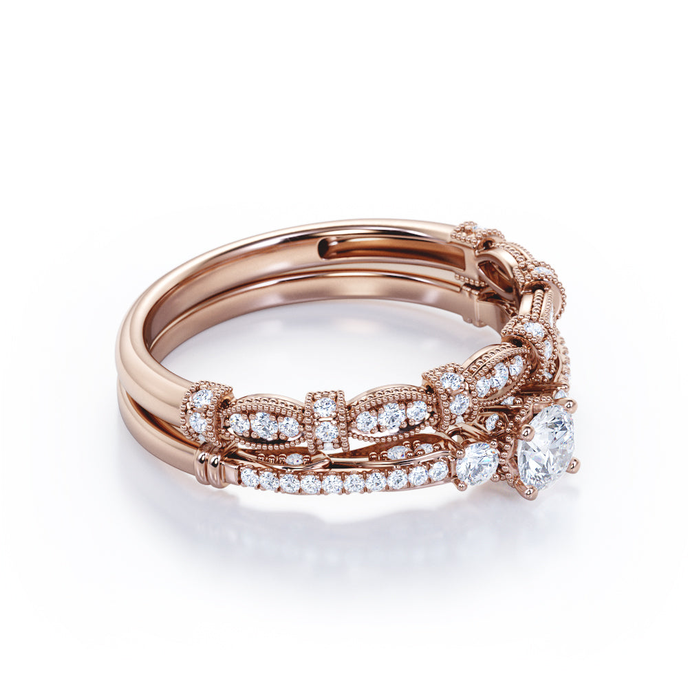 Classic three stone 1 carat Round cut Moissanite and diamond vintage milgrain wedding ring set in Rose gold
