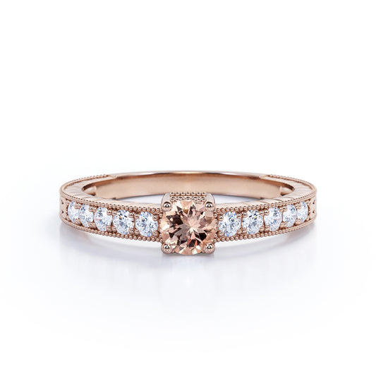 Art deco Milgrain 0.75 carat Round cut Peach Morganite and diamond basket set engagement ring in Rose gold-Anniversary rings