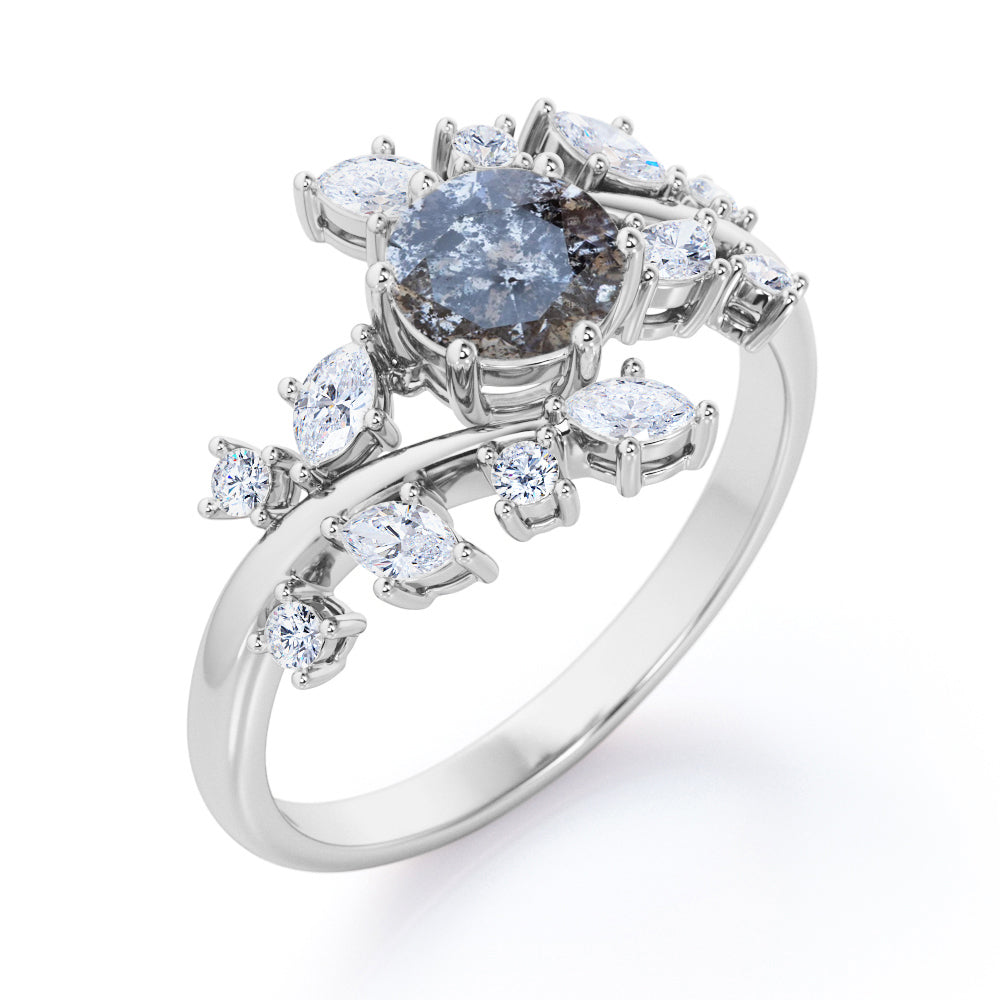 Nature inspired 0.75 carat Round cut Salt and pepper diamond and White diamond tension set engagement ring in white gold
