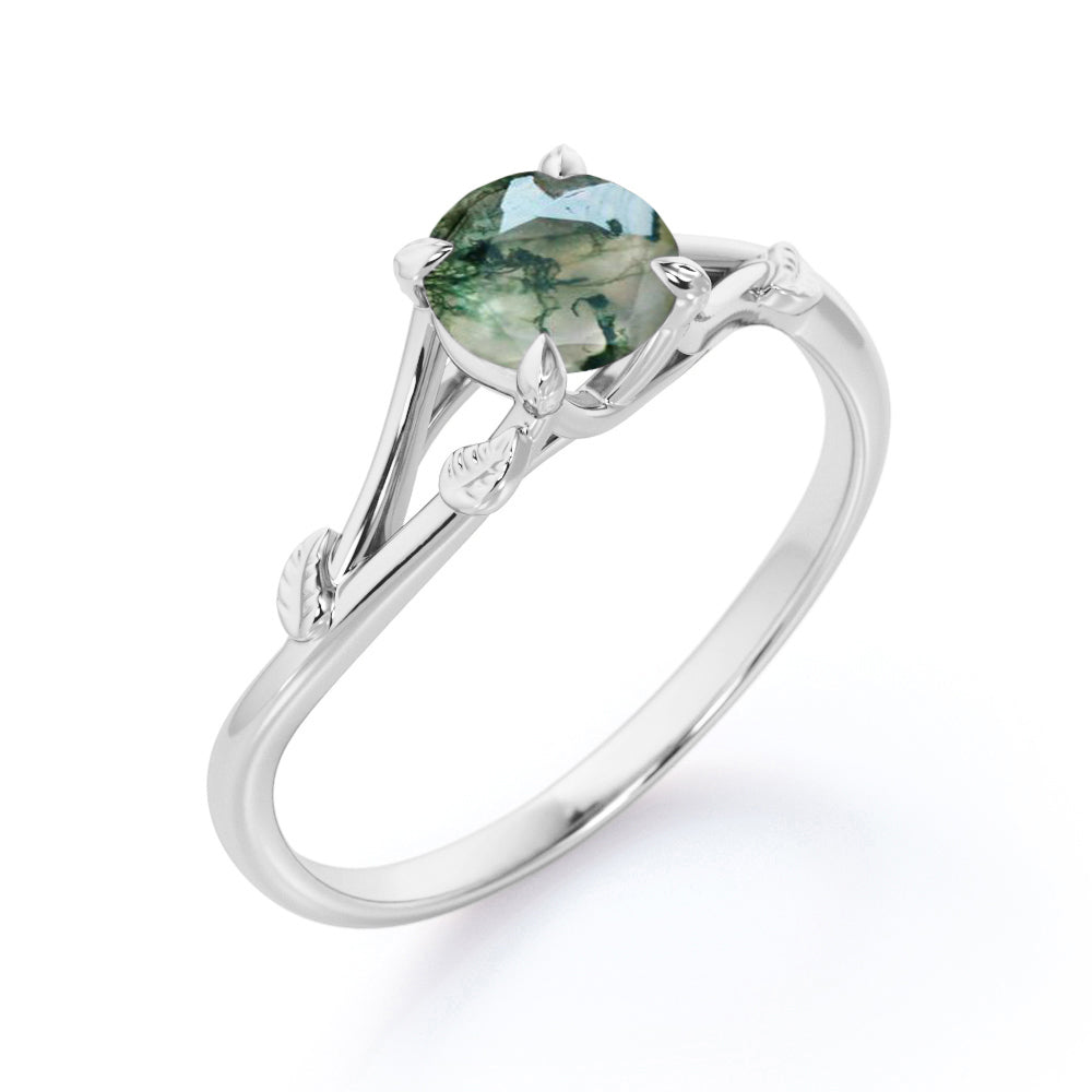 Branchlet Shank 1 carat Round cut Moss Green Agate vine and leaf engagement ring in White gold