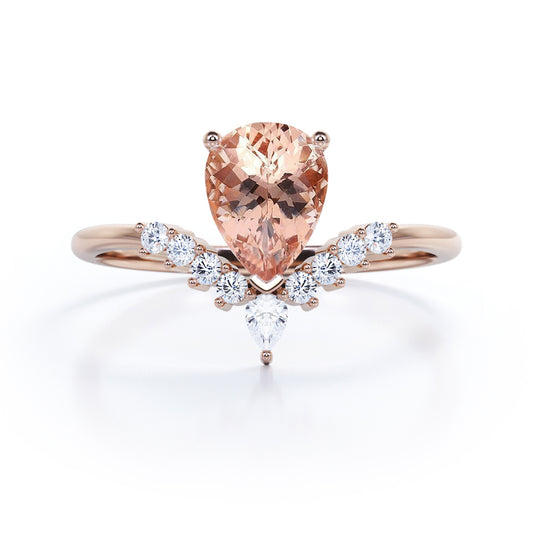 Antique Crown inspired 1.25 carat Pear Shaped Morganite and diamond engagement ring in Rose gold