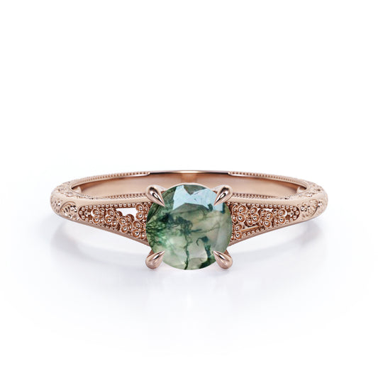 Milgrain Split Shank 1 carat Round cut Moss Green Agate-floral filigree-nature inspired engagement ring in Rose gold