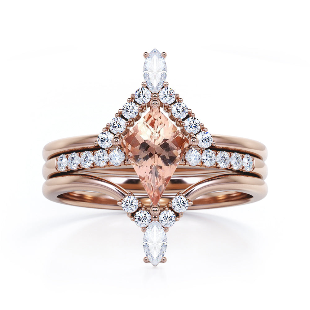 V-shaped Chevron 1.5 carat Kite shaped Morganite and diamond art deco wedding ring set in Rose gold