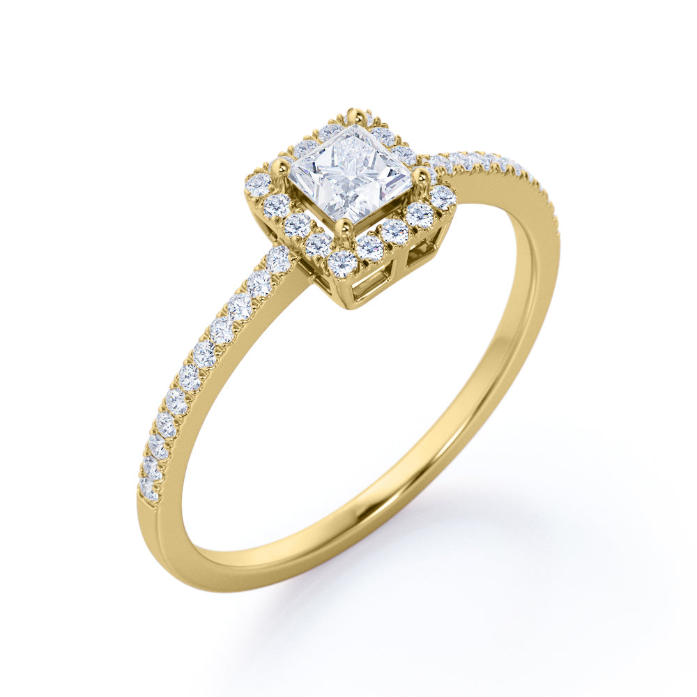Basket set 0.75 carat Princess cut Moissanite and diamond eternity engagement ring in yellow gold
