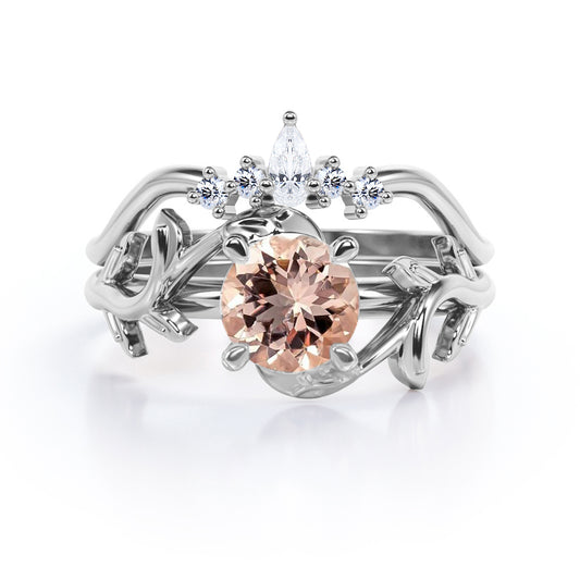 Chevron Tiara 1.1 carat Round cut Peach Morganite and diamond nature inspired wedding ring set for women in White gold