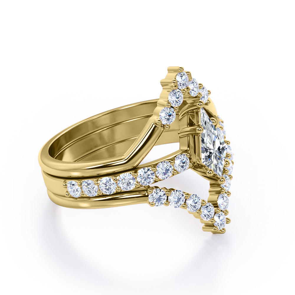 Art deco chevron 0.85 carat Kite shaped Moissanite and diamond pave set trio wedding ring set in Yellow gold