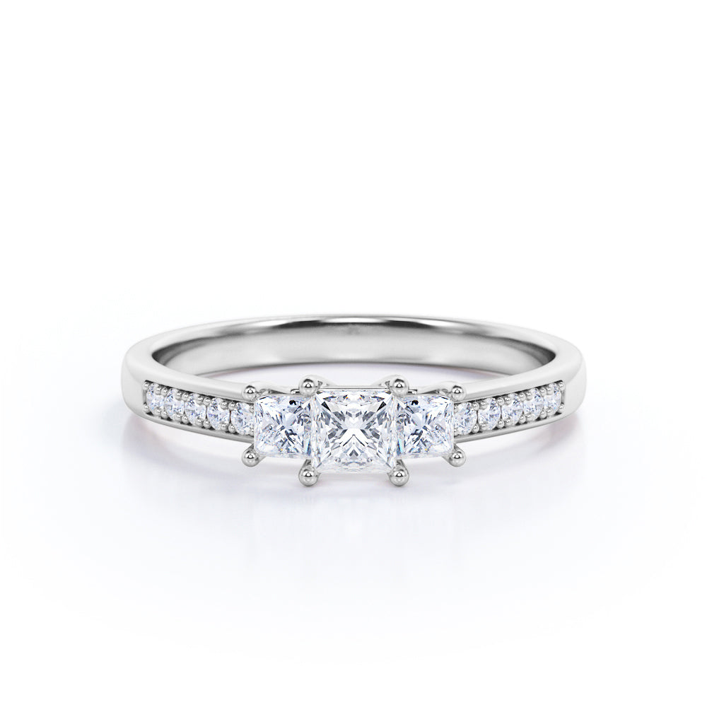 Past, Present, Future 0.65 carat Round cut Moissanite and diamond vintage inspired engagement ring in White gold