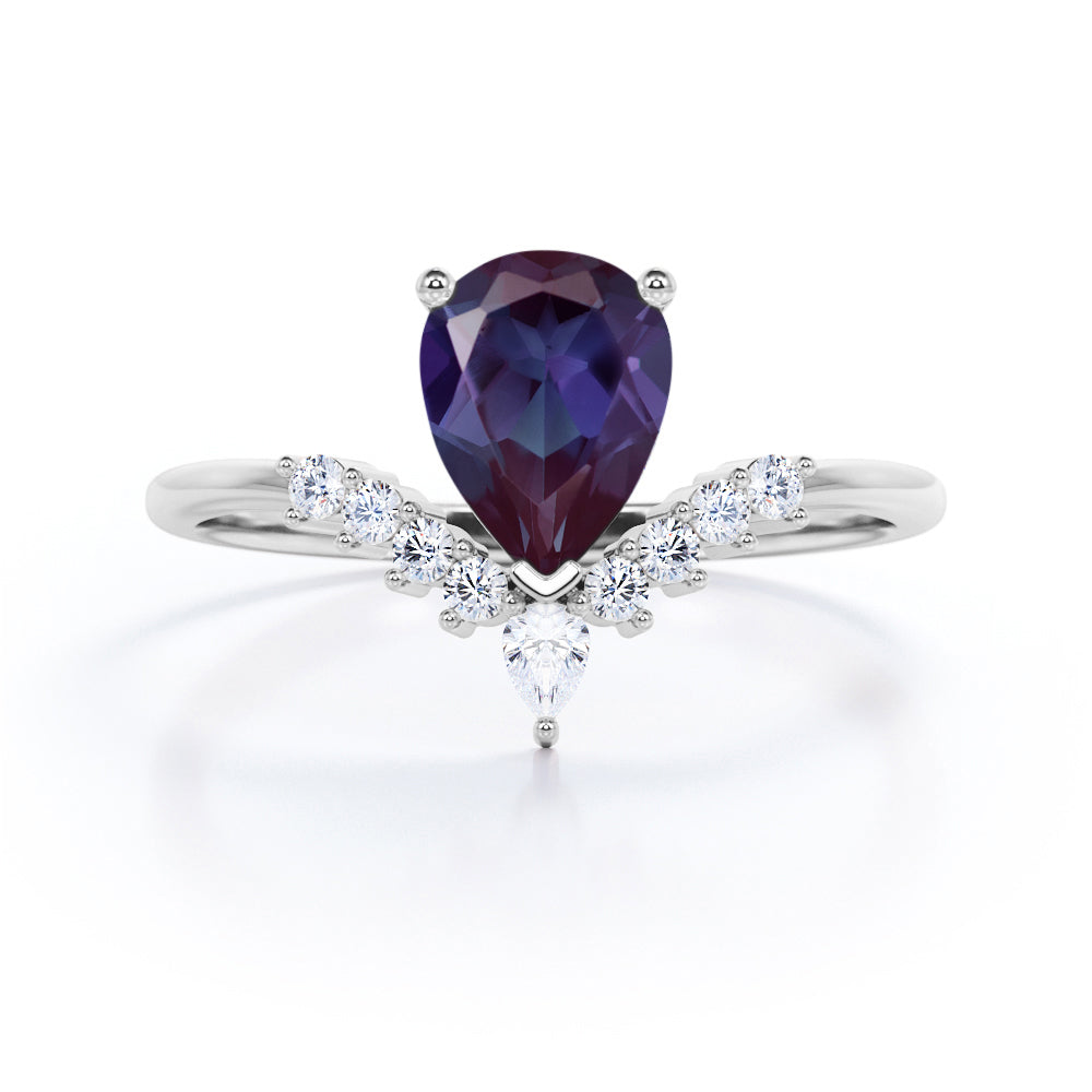 Antique V-shaped 1.1 carat Pear shaped Lab created Alexandrite and diamond engagement ring for women in Rose gold